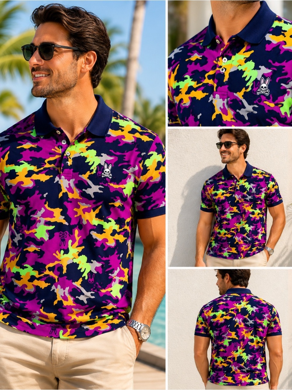 Psycho Bunny Multicolor Camo Polo Shirt Men’s Large Size 7.